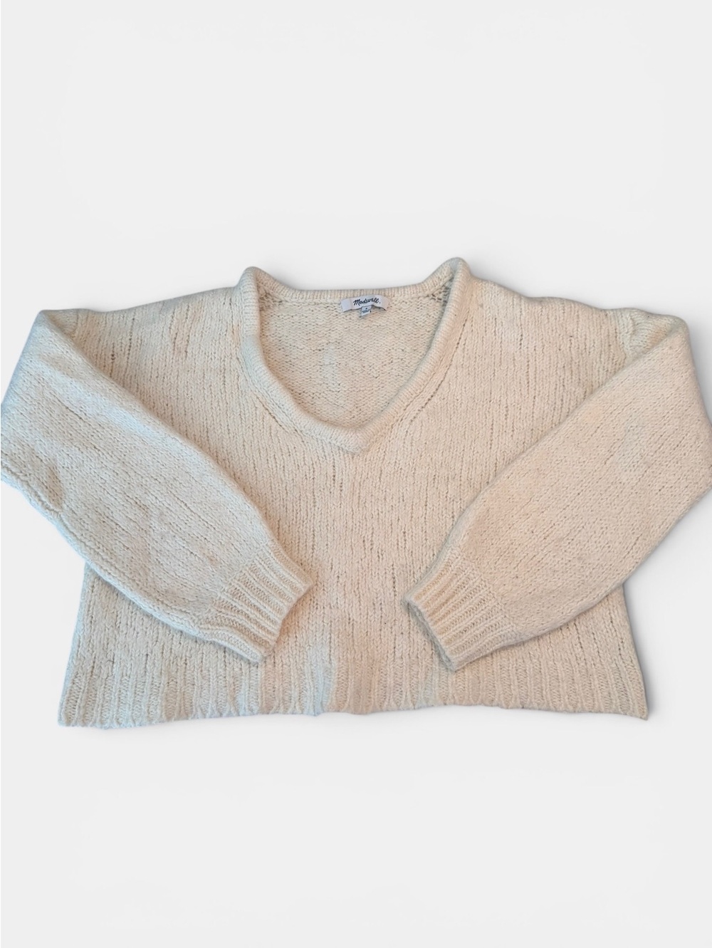 Madewell K3395 Cropped V Neck Alpaca Wool Blend Boxy Sweater Ivory Small